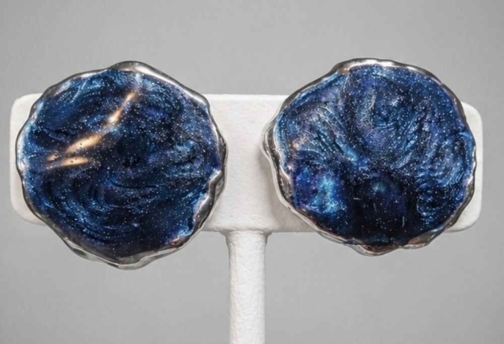 Blue Swirl Enamel Pierced Earrings 7/8" Vintage Asymmetrical Retro bp-55